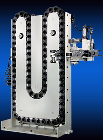 <div>传统、常用的刀库形式</div>
        <div>刀库驱动：液压驱动或伺服驱动</div>
        <div>换刀机构：液压驱动</div>
        <div>刀库容量：40、60、90、120</div>